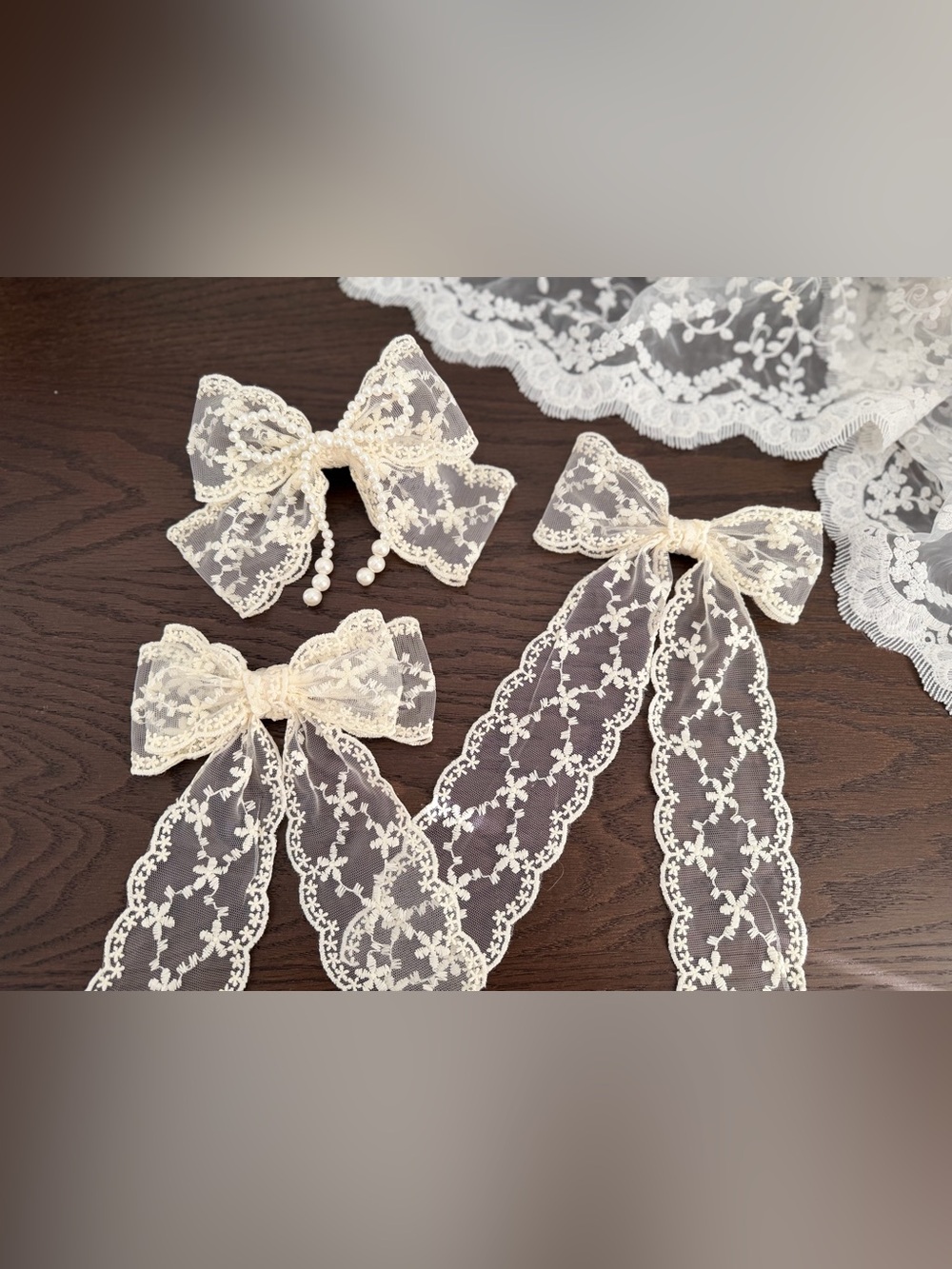 Handmade New Ivory Embroidered tulle Lace Bow Hair Clips
